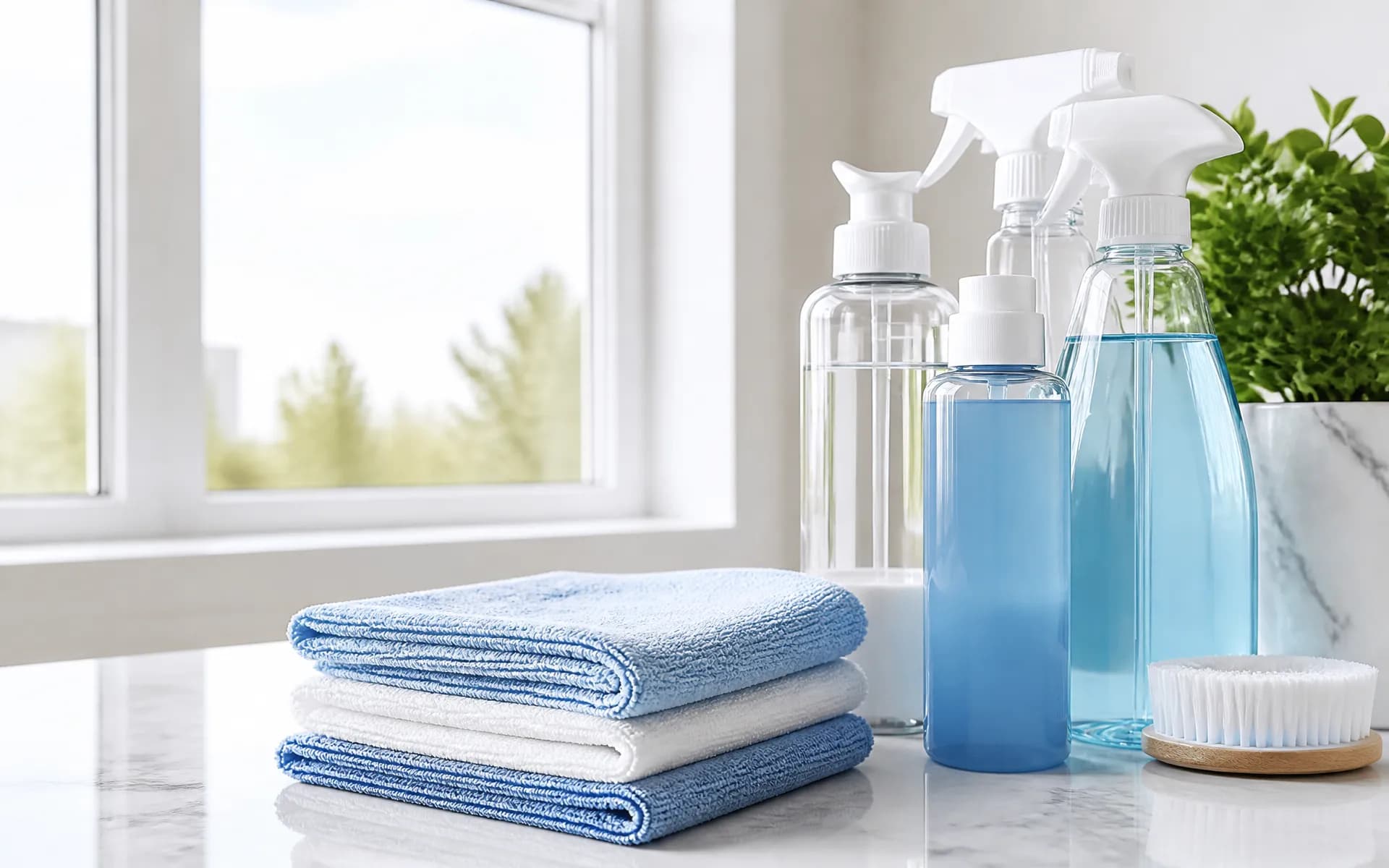 Cleaning supplies and a freshly mopped floor illustrating Bright Glow cleaning guides